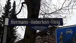 Auf diesem Bild ist das Straßenschild „Hermann-Heberlein-Ring“ zu sehen. Unter dem Straßenschild hängt eine kleine Information zum Namensträger: „nach Herrmann H[eberlein] (1922-1999). [Zeilenumbruch] Beamter, Mitglied der Hamburger Bürgerschaft von 1953 bis 1954 und von 1966 bis 1982, verdient um den Stadtteil Horn.“