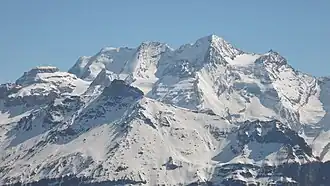 Im Hintergrund Morgehorn, Wyssi Frau, Blüemlisalphorn, Oeschinenhorn; Mitte: Wildi Frau, Ufem Stock, Blüemlisalp Rothorn, jeweils von links nach rechts. Die im Vordergrund sichtbaren Gipfel gehören nicht zur Blüemlisalp.