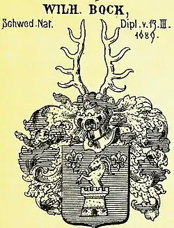 Wappen der schwedischen Bock fran Lachmes nach Gritzner. Bei der Naturalisierung in Schweden 1689 wurde das verliehene Wappen erheblich verändert.
