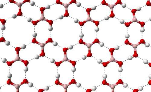Blick entlang der c-Achse auf die Schichten aus Borsäuremolekülen
