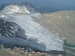 Blick vom Gipfel der Schesaplana über den Brandner Gletscher zur Mannheimer Hütte am 22. Juli 2006