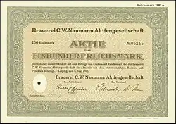 Aktie über 100 RM der Brauerei C. W. Naumann AG vom 6. Juni 1941