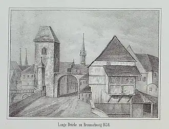 Die Lange Brücke mit Tor und Brückenturm um 1650. Lithografie 19. Jahrhundert.