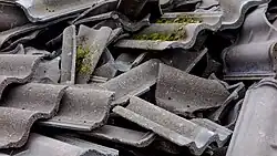 Ein Haufen von Betondachsteinen, die Oberflächenbeschichtung ist großteils durch Verwitterung nicht mehr vorhanden. In einigen Dachsteinen wächst bereits Moos.