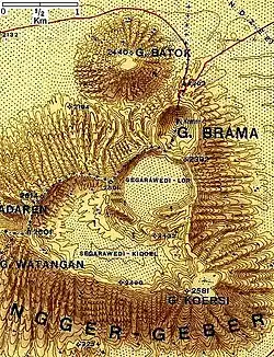 Bromo (hier „Brama“ genannt). Ausschnitt aus einer 1924 veröffentlichten Karte des Topographischen Dienstes im Maßstab 1 : 50.000.