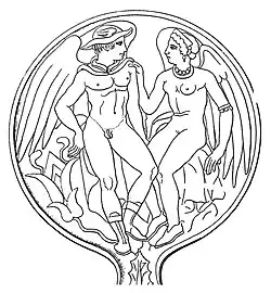 Turms (links) mit Flügeln in Zwiesprache mit einer weiblichen Gottheit