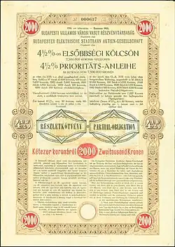 Anleihe der Budapester Elektrische Stadtbahn AG vom 31. Dezember 1908