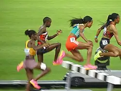 Vier Athletinnen bei der Überquerung eines Hindernisses: Beatrice Chepkoech vor Sembo Almayew, Faith Cherotich, und Peruth Chemutai