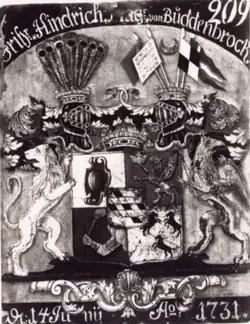 Wappen des schwedischen Generals Henrik Magnus Buddenbrock (1685–1743) 14. Juni 1731 – Herzschild: Stammwappen. 1. Helm Pfauenfedern, 2. Helm (wohl für militärische Verdienste) Kommandoflaggen, dazwischen liegender Halbmond.