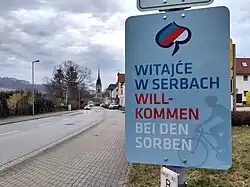 Willkommenstafel an der Südgrenze des Sorbischen Siedlungsgebietes