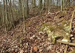 Rand des Burgplateaus mit Fundament- und Dachziegelresten