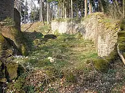 Der Halsgraben nach Nordwesten mit dem Fundament der Quermauer