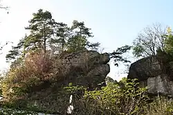 Bild 6, Ostseite des Burgfelsens mit dem ehemaligen Zugang über die Schlucht (September 2009)