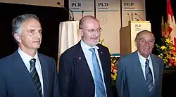 Bundesrat Didier Burkhalter, Gründungspräsident Fulvio Pelli und alt Bundesrat Hans-Rudolf Merz