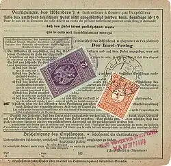 Paketkarte des Kommissionärs des Insel Verlags, Fa. C[arl]. Fr[iedrich]. Fleischer, für eine Lieferung des Insel Verlags an die Minerva-Verlagsbuchhandlung (1928–1943) nach Zagreb von 1930.