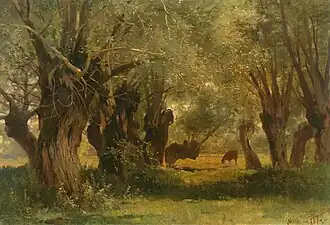 Landschaft unter Bäumen mit weidendem Vieh, 1887