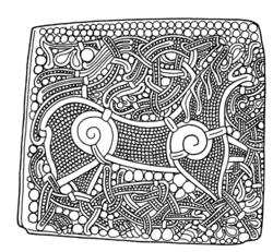 Feld aus dem verschollenen Cordula-Schrein von Cammin. Löwe, eingebettet im umgebenden Rankenwerk. Mammenstil.[7]