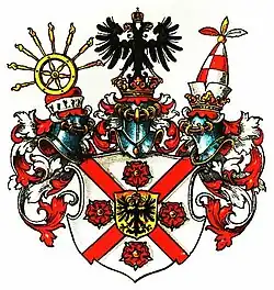 Wappen des Reichsfreiherren Friedrich Rudolph Ludwig von Canitz (kaiserlich erteilt 1698) mit dem Reichsadler auf dem Herzschild und als 3. Helmzier