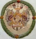 Wappen von Jakob v. Capol, aufgemalt an der Fassade des Talmuseums in Valchava