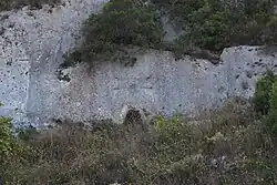 In der Bildmitte, am Boden der Zugang zum Felsgrab