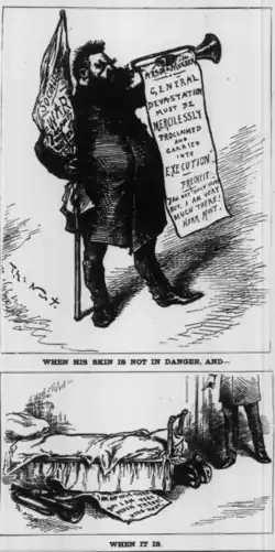 Oben ein Most mit Fanfaren und Bannern, Unterschrift „When his skin is not in danger“, unten ein unter dem Bett versteckter Most mit der Unterschrift „when it is“.