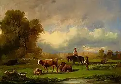 Weidelandschaft mit Kühen, Hirte und Reiter