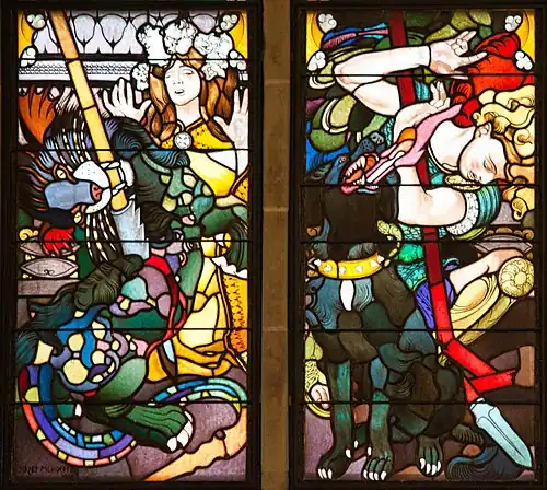 Drache mit Prinzessin (links), Besiegter Luzifer mit Höllenhund (rechts)