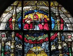 Gottvater (rechts) und Jesus (links), darunter die Taube als Symbol des Heiligen Geistes