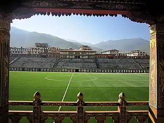 die Haupttribüne des Changlimithang Stadium