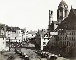 Blick vom Theater auf Höfchen und Markt 1853. Der Dom mit der Mollerschen Kuppel.