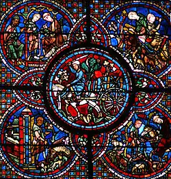 Fenster (um 1210) in der Kathedrale von Chartres: Pferdekarren mit einem Weinfass (Bildmitte)