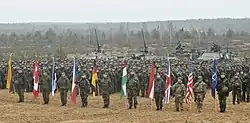 Frontale Farbfotografie von einer aufgereihten Armee auf einem Feld. Im Vordergrund stehen mehrere Soldaten mit Flaggen der NATO-Mitglieder und einer NATO-Flagge. Im rechten Hintergrund stehen Panzer.