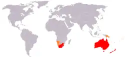 Karte der drei Dominions Australien, Neuseeland und Südafrika sowie den Mandatsgebieten Neuguinea Südwestafrika und Westsamoa