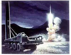 Künstlerische Darstellung eines MAZ-7912 mit Rakete in Abschussposition