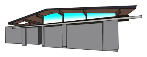 Ein typisches Element sind hoch gelegene Fenster, die als Reihe zwischen die Dachbalken eingesetzt sind.