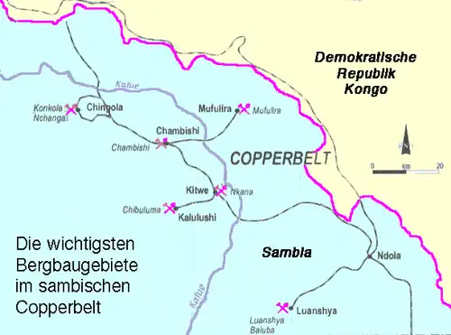 Die wichtigsten Bergbaugebiete im sambischen Copperbelt