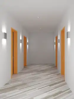 Auch abgeblendete Wandleuchten bringen Licht auf die Wände und lassen einen schmalen Flur dadurch breiter wirken.[7]