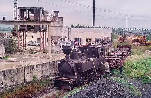 Normalspurige Rangierlokomotive N3 404 (Hersteller Borsig, Baujahr 1909) im Holzverladebahnhof Covasna (September 1995)