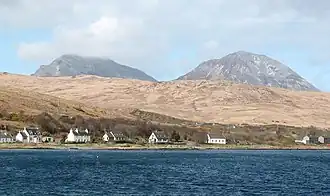 Craighouse vom Pier aus gesehen. Im Hintergrund erheben sich die Paps of Jura.