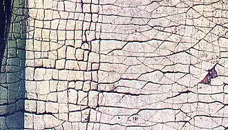 Um ein altes Gemälde vorzutäuschen, hat der Fälscher die Bildschicht gebrochen und Schmutz in die Brüche eingerieben.