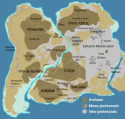 Karte Westgondwanas mit afrikanischen und südamerikanischen Kratonen und Orogenen