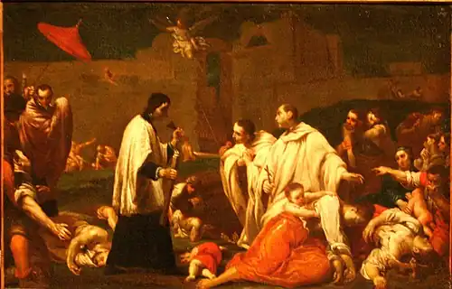 Giuseppe Maria Crespi, Bernardo Tolomei unter den Opfern der schwarzen Pest in Siena in 1348 (um 1735).