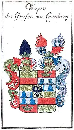 Wappen des Kraft Adolf Otto, Graf von Kronberg, Hohengeroldseck und Falkenstein, Freiherr von Oberstein, Herr zu Poritschen, Borbey, Flörchingen und Abenheim
