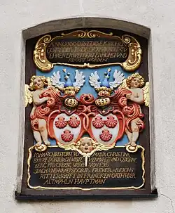 Wappen an der Dreifaltigkeitskirche in Dörzbach: Johann Christoph und Maria Christina von Eyb (1660)