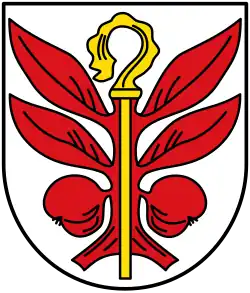 Bischofsstab vor stilisiertem Apfelbaum