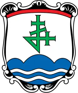 … eine grüne Hausmarke mit Kreuzkopfvierfußschaft und erhöhter linker Mittelkreuzstrebe, Vierfuß hintenendig gekreuzt (Bernau am Chiemsee)