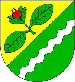 Wappen von Bokelrehm mit grünem Buchenzweig, zwei Blättern und einer roten Buchel