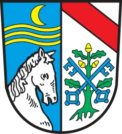 Wappen von Pocking mit ehemaligen Wappen von Hartkirchen (rechts)