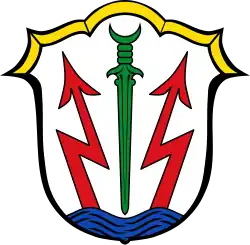 Aus Wasserwellen emporsteigende Blitze stehen für das örtliche Wasserkraftwerk (Töging am Inn)