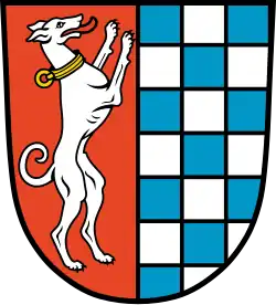 hinten Blau-silber geschacht (Wappen der Stadt Vetschau)